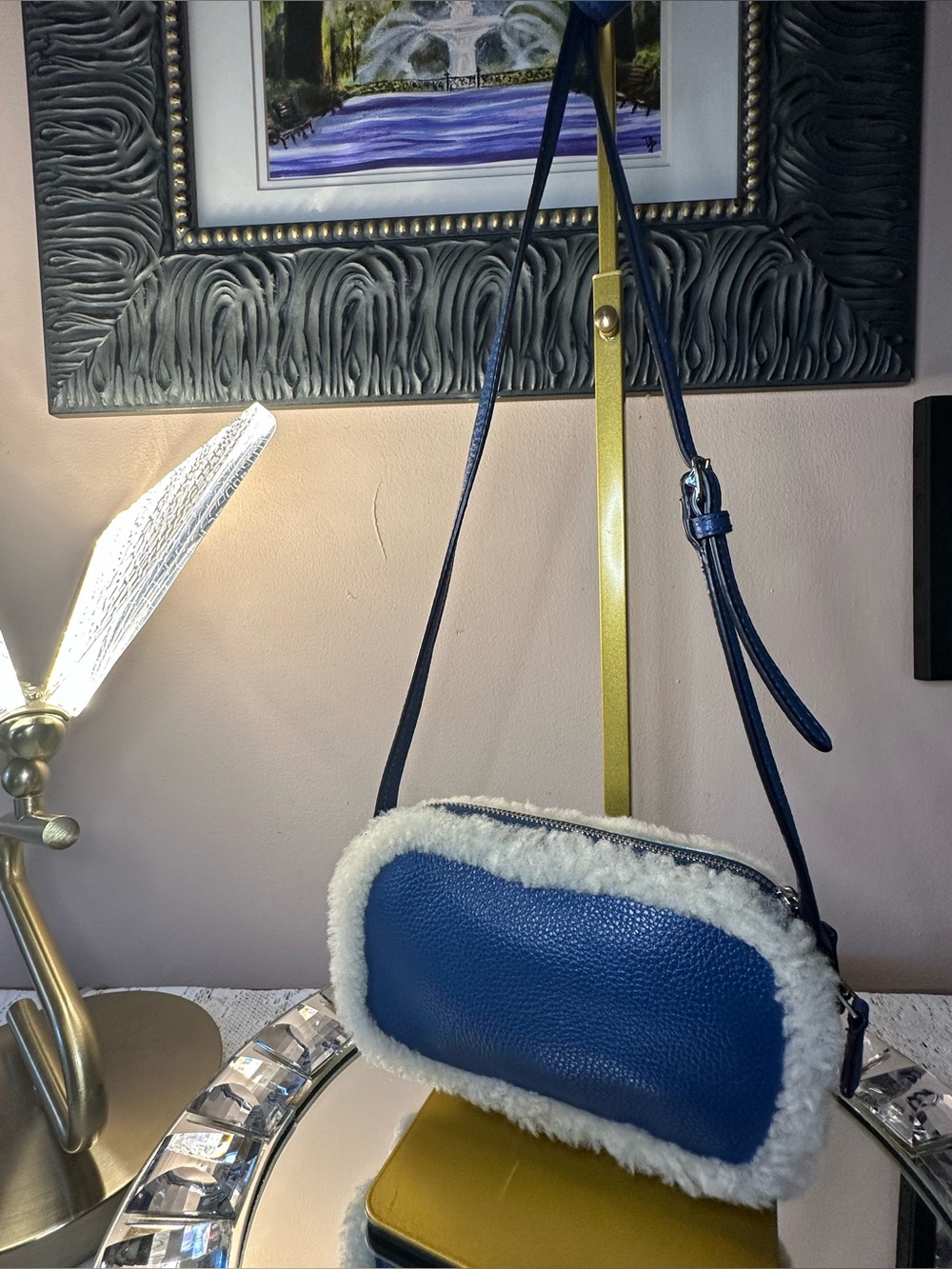 Coach Blue Pebbled Leather Crossbody with White Shearling Trim - Picture 13 of 14